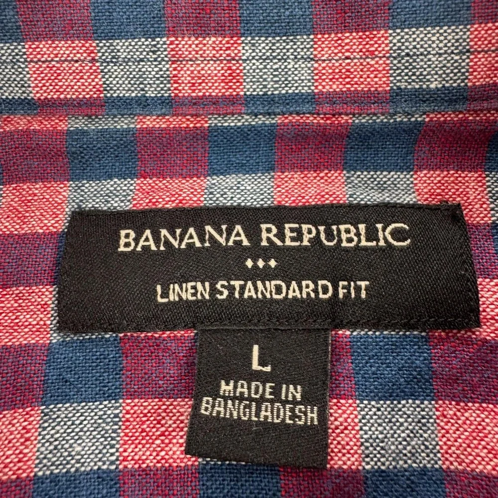 Banana Republic Linen Shirt Mens Large Blue Red Check Standard Fit Button Down